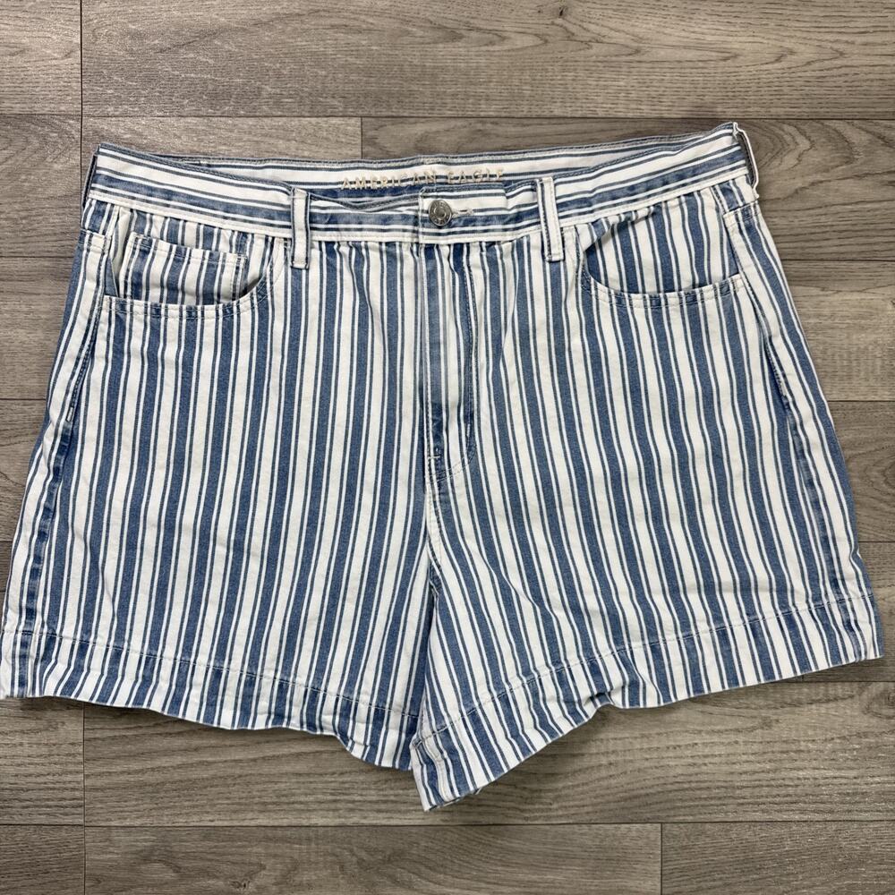 American Eagle Mom Jean Shorts High Rise Blue White Striped sz 16